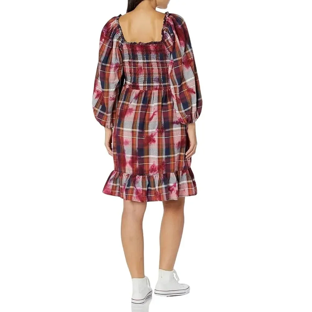 Angie Plaid Flannel Long Sleeve Dress Ruffle Hem Bleach Effect Size S Smocked